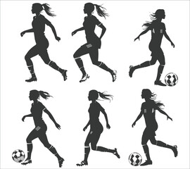 Female football player silhouette vector design. Silhouette of female football player. Female football player action silhouette. Woman playing football silhouette vector illustration
