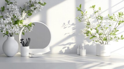 Elegant Minimalist Desk Arrangement with Fresh White Flowers, Mirror, and Cosmetic Items Bathed in Soft Natural Light