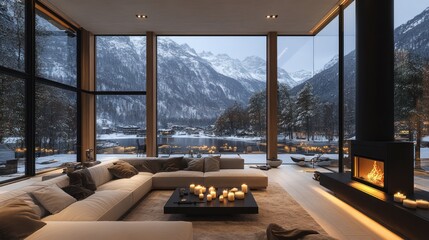 Modern living room with panoramic mountain view, fireplace, and large windows. (1)
