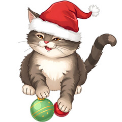 Illustration of A Christmas cat wearing a Santa hat and playing with ornaments. png isolated background. transparent background.