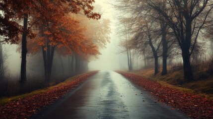 Fototapeta premium Autumnal road, foggy, trees, fallen leaves, wet.