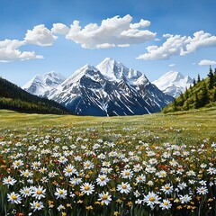 Landscape wall art concept. Alpine meadow, wildflowers and distant peaks, untouched beauty, Watercolor style
