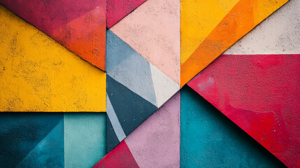 Fototapeta premium Colorful abstract wall art featuring vibrant geometric shapes and hues. This dynamic composition showcases blend of yellows, reds, blues, and pinks, creating energetic visual experience