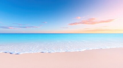 Serene beach scene with gentle waves and vibrant sky colors.