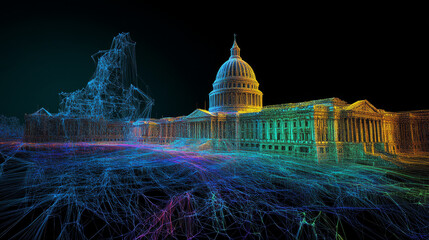 vibrant point cloud representation of grand building, showcasing intricate lines and colors that create stunning visual effect. structure features prominent dome and classical architecture