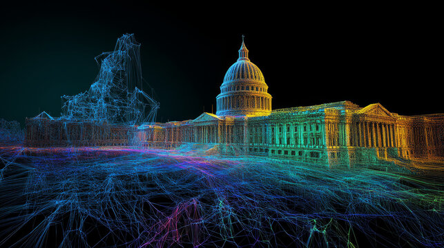 vibrant point cloud representation of grand building, showcasing intricate lines and colors that create stunning visual effect. structure features prominent dome and classical architecture
