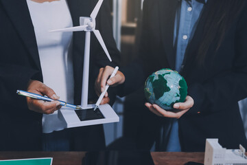 Carbon offset price report CO2 emission. Future growth Net zero waste in ESG ethical SME office protect climate change global warming social issues project. Group of asia people Eco friendly SDGs plan