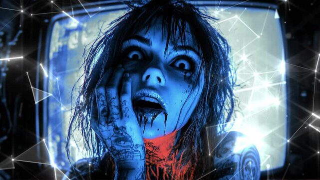 Looped particles. Scary girl. Gloomy gothic female with black and white makeup and black lips. Scary girl with black hair and horrible makeup. Loop background. Looped effect. Generated AI.