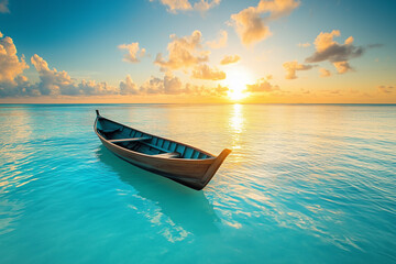 Fototapeta premium A sleek luxury small boat gliding smoothly over crystal-clear blue ocean waters with the sun setting on the horizon