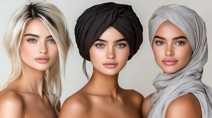 Four women of different races (Caucasian, Asian, African American, Middle Eastern) in candid poses, professional skincare photoshoot, ultra-realistic, natural skin, no makeup, soft light, spacious 