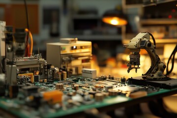 A detailed image of a robotic pick-and-place machine working on a generic PCB, with tools like soldering stations and inspection devices visible in the background.