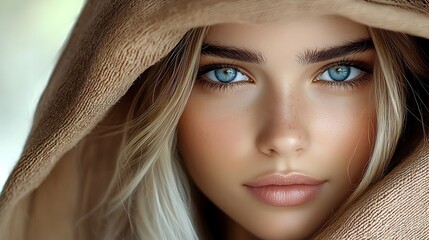 Studio portrait of a female model in a soft-lit setting, intense emotional expression, artistic elegance, highly detailed facial features, ultra-realistic, photo realistic, 