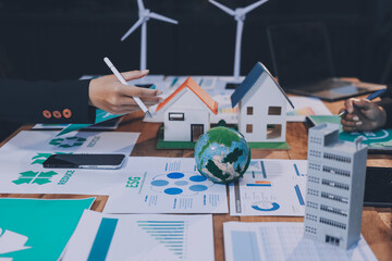 Carbon offset price report CO2 emission. Future growth Net zero waste in ESG ethical SME office protect climate change global warming social issues project. Group of asia people Eco friendly SDGs plan