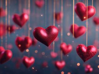 Beautiful red hearts suspended in a dreamy, sparkling background.