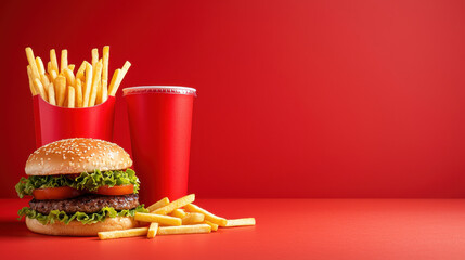 vibrant display of fast food featuring burger, fries, and drink against red background. This captures essence of popular dining trends and indulgent eating