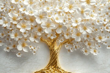 Sophisticated 3D wallpaper design featuring a golden tree of life with vibrant white flowers and soft shadows for depth. 