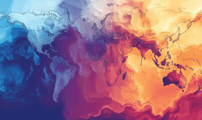 World map, colorful abstract texture, temperature gradient.