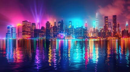 City skyline illuminated by vibrant neon lights