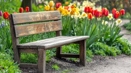 Fototapeta premium Rustic wooden bench in a spring garden with colorful tulips and daffodils.