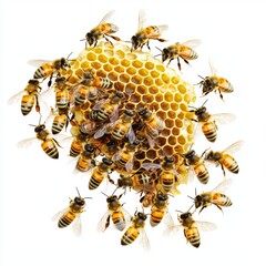 Close-Up of Bees Collecting Nectar on Honeycomb in a Natural Setting Showcasing Intricate Hive Structure and Activity