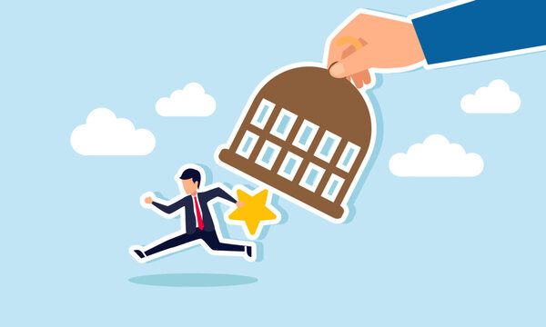 A hand opens a drum trap and frees a businessman carrying a star, illustration of freedom in improving business rating and quality