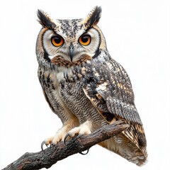 Obraz premium Majestic Owl Perched on a Branch Showcasing Striking Features and Stunning Plumage in a Serene Setting