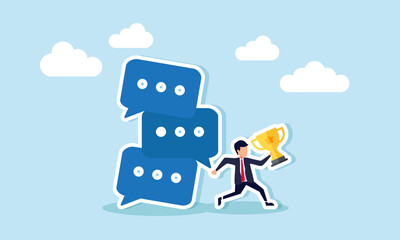 A businessman runs carrying a trophy, avoiding a stack of chat dialogues about to collapse, illustration of securing the leading company title from negative market talk effects