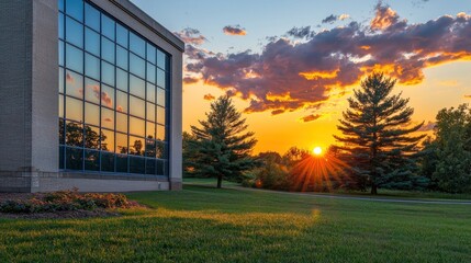 Sunset reflecting on a building with trees in the foreground.