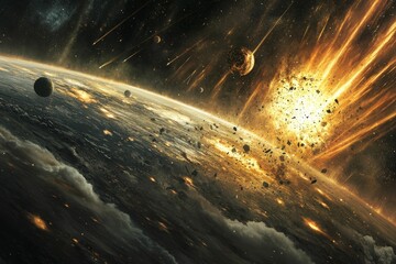 Cosmic impact: planet bombarded, fiery destruction.