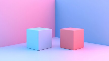 Obraz premium Soft Pastel Colored Cubes in Minimalist Space Highlighting Modern Aesthetic with Pink and Blue Background, Perfect for Creative and Artistic Concepts
