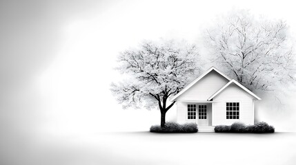realistic pencil drawing of a house with trees and bushes surrounding it, isolated on white paper, with meticulous details in shading and design elements 