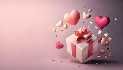 3d generated gift box flying with balloon in hearts shape and studio lights on pastel pink tone color and background.