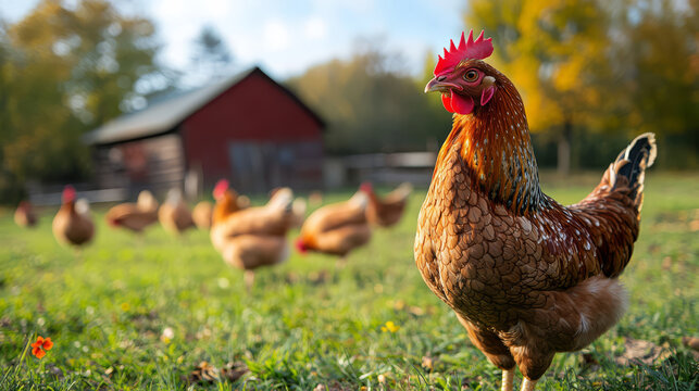 vibrant farm scene featuring proud hen in focus, surrounded by other chickens in lush green field. rustic barn in background adds charm to this idyllic rural setting