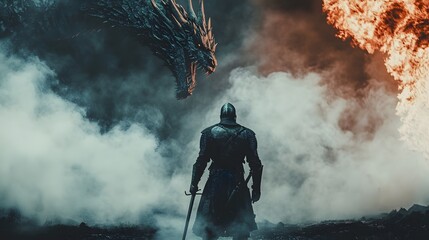 Obraz premium A lone knight faces a massive fiery dragon