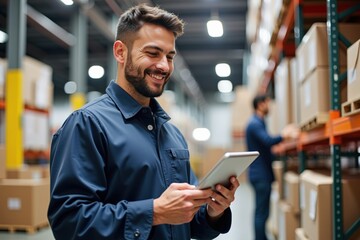 Professional Warehouse Worker Using Digital Tablet for Inventory Management