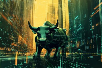 Bull statue, urban backdrop, digital overlay.