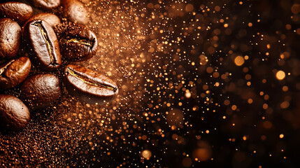Rich coffee beans scattered on dark background, creating warm and inviting atmosphere with sparkling particles. Perfect for coffee lovers and culinary enthusiasts