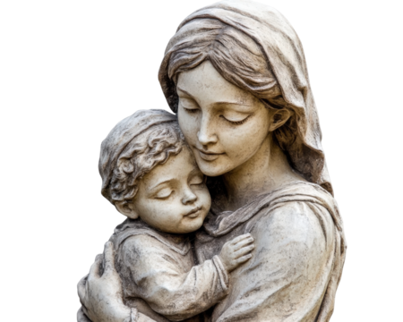 statue of mother holding child, showcasing love and tenderness. intricate details highlight emotional bond between them, making it beautiful representation of family