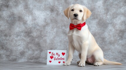 A cute puppy in a bow tie with a Valentine?s card.