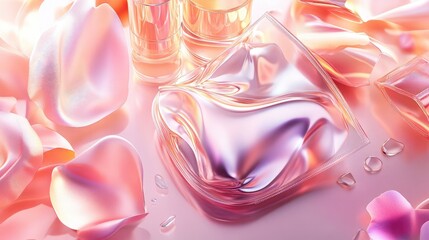 Captivating Essence of Beauty: Delicate Petals Surrounding Elegant Fragrance Bottles with Glorious Reflections and Soft Pastel Tones for Luxurious Aesthetic Appeal