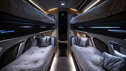 Sleek interior of a modern sleeper bus with twin bunks and ambient lighting.
