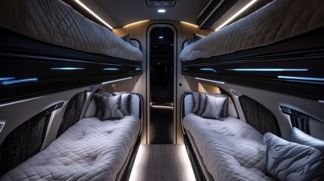 Sleek interior of a modern sleeper bus with twin bunks and ambient lighting.
