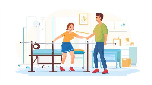 A cheerful physical therapist helping a patient walk using parallel bars, styled in a rehabilitation center with supportive equipment
