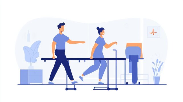 A cheerful physical therapist helping a patient walk using parallel bars, styled in a rehabilitation center with supportive equipment