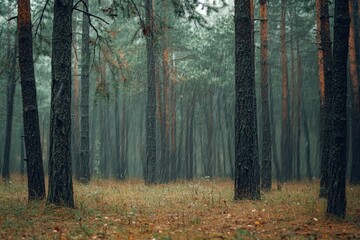 Obraz premium Rain-soaked forest, tall trees, autumn ground.
