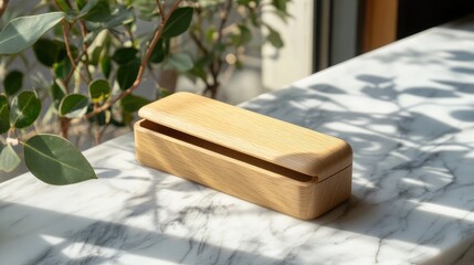 Elegant Wooden Box on Marble Surface with Soft Natural Light and Plant Reflections in Background, Versatile Storage Solution for Office and Home Decor