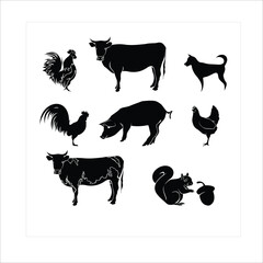 Illustration of vector silhouettes featuring several animals, including cows, various types of chickens, dogs, squirrels along with their food, and pigs.