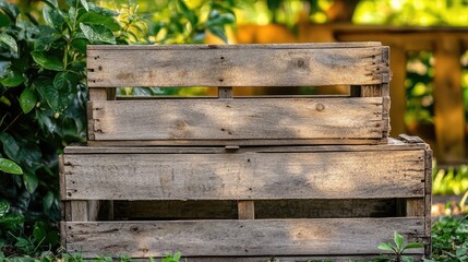 Naklejka premium Rustic Wooden Crates in Natural Setting Surrounded by Lush Greenery with Soft Sunlight Reflecting off Weathered Surface for Organic and Vintage Aesthetic