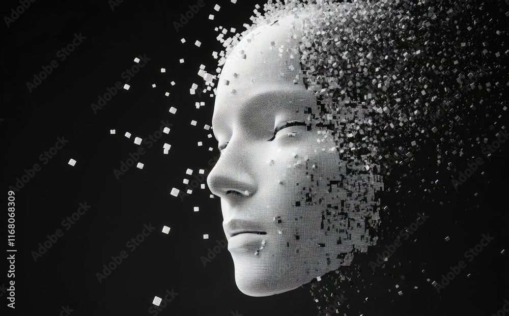 Poster A white humanoid face made of pixels disintegrating into particles on a black background. The head is composed of square and rectangular shapes. Ideal for AI, digital art, and futuristic visuals