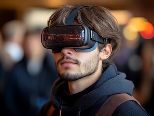 Young man using VR headset indoors.